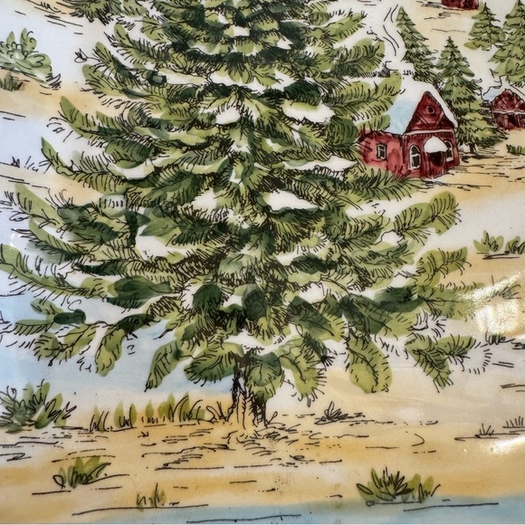 Maxcera SNOWVILLE Square Dinner Plate Winter Snowy Forest House Evergreen Set 2 - Picture 7 of 16